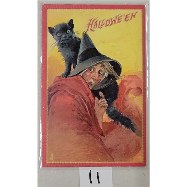 Tuck Brundage Red Border Witch & Black Cat Halloween Postcard