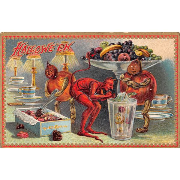 Tuck Halloween Series 160 Gold Border Devil & Demons Drinking Postcard