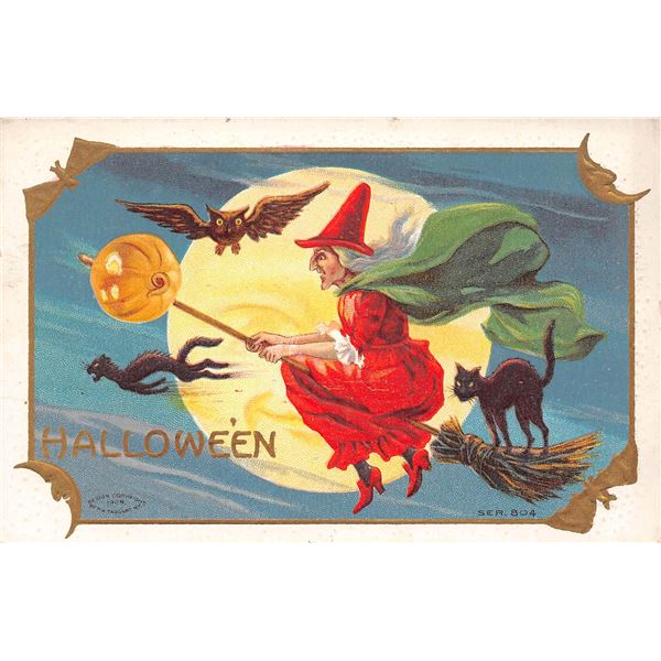Taggart Witch in Moon Light with Black Cats & Bat Halloween Postcard
