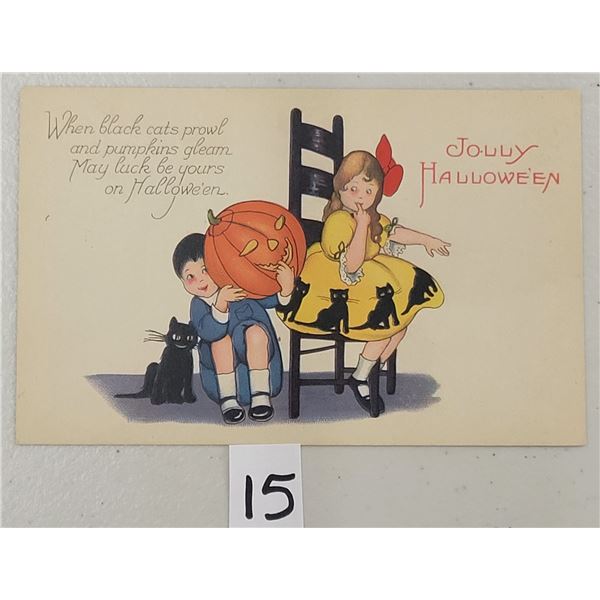 Stetcher Jolly Halloween Boy & Girl With Pumpkin & Cat Postcard