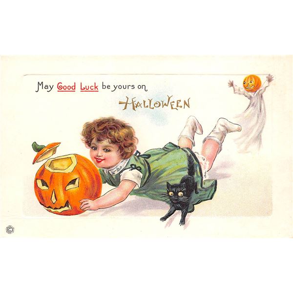 Stetcher Halloween Girl with Jack-O-Lantern, Black Cat & Ghost Postcard