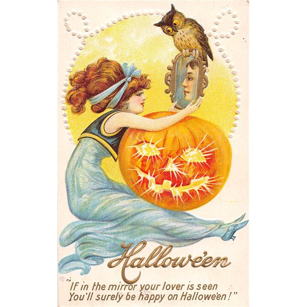 Stetcher Halloween Girl Looking In Mirror Over Pumpkin Postcard