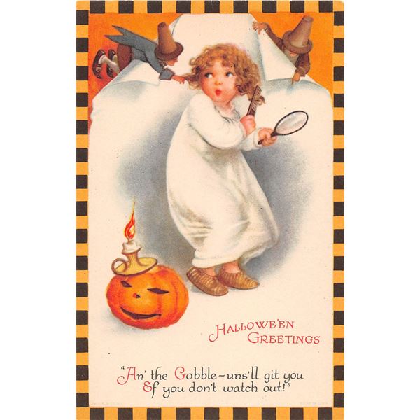Orange & Black Checkered Border Wolf Clapsaddle Child Postcard
