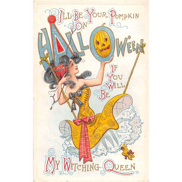 Dwig Halloween Woman Swinging Holding Pumpkin Postcard