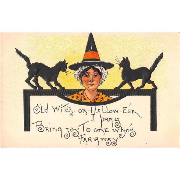 Leubrie & Elkus Witch & Black Cats Halloween Postcard