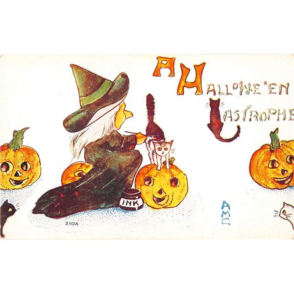 Owen Halloween Witch with Cats & Pumpkin Postcard