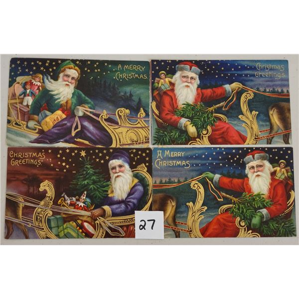 Group of 4 Santa Claus in Sled Christmas Holiday Greeting Postcards
