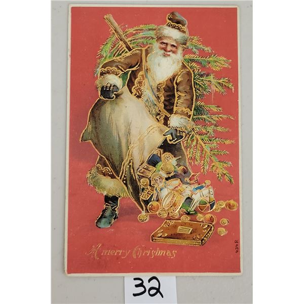 Red Background Santa Claus With Tree & Toy Postcard