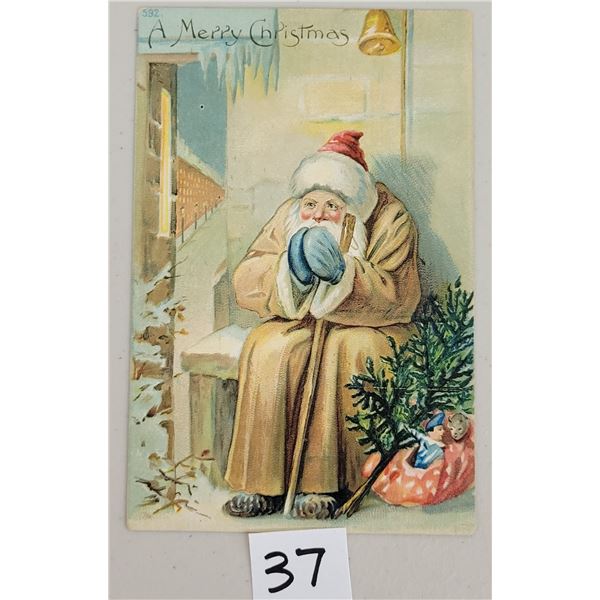 A Merry Christmas Santa Claus in White on Bench Postcard