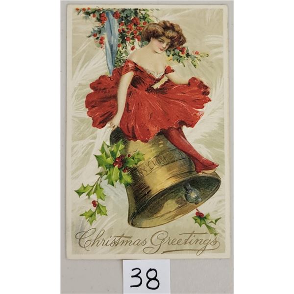 Winsch Christmas Greeting Girl in Red Dress on Bell Postcard