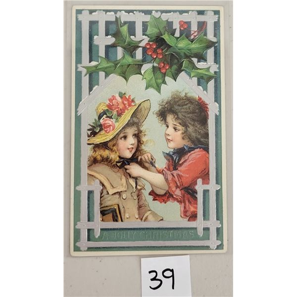 A Jolly Christmas Children Under Holly Brundage Postcard