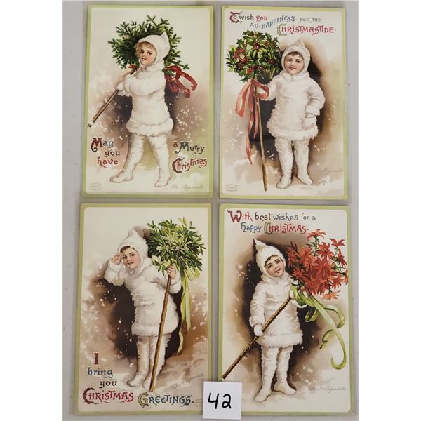 Set of 4 Clapsaddle Christmas Children in White with Green Border Postcards