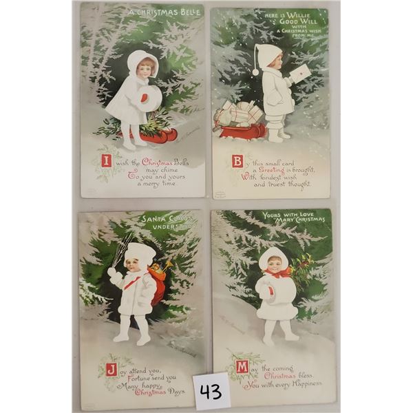 Set of 4 Clapsaddle Christmas Children in White in the Snow Postcards