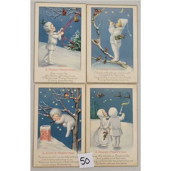 Set of 4 Christmas Children In White & In Snow Postcards