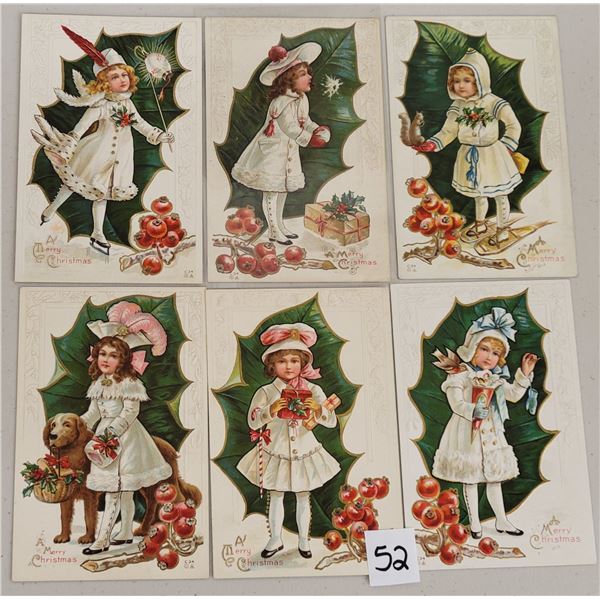 Set of 6 White & Holly Leaf Backdrop Christmas Children Holiday Greeting Postcards