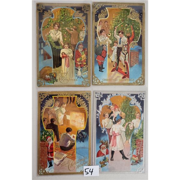 Group of 4 Christmas Children in Center with Santa on Border Postcards