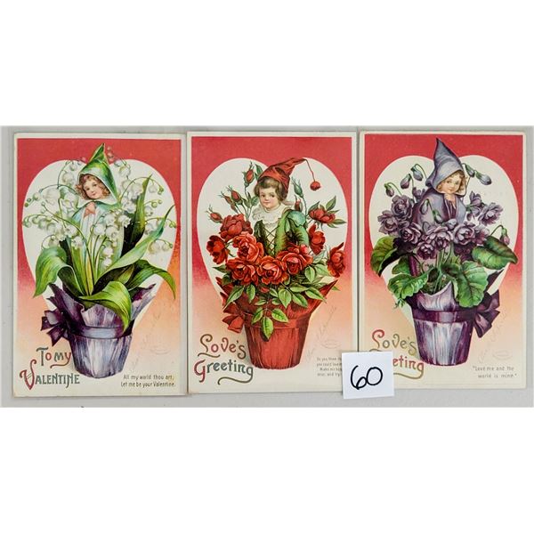 Group of 3 Clapsaddle Children in Flowers Valentine Holiday Postcards