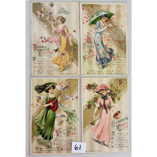 Set of 4 Winsch Valentine Pretty Lady Postcards