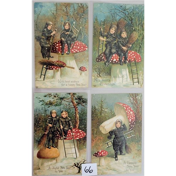 Set of 4 New Year Children Chimney Sweeps on Mushrooms Postcards