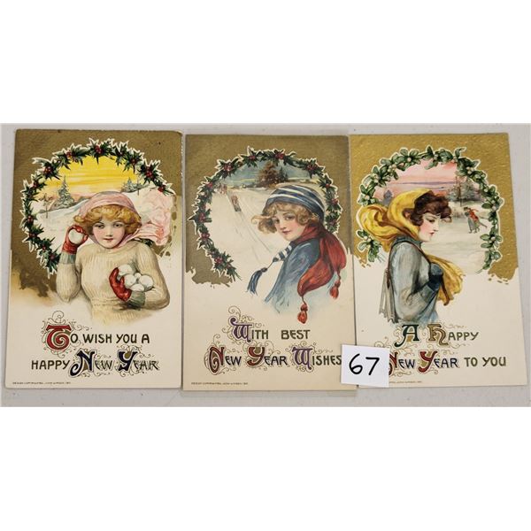 3 Winsch New Year Ladies Holiday Greeting Postcards