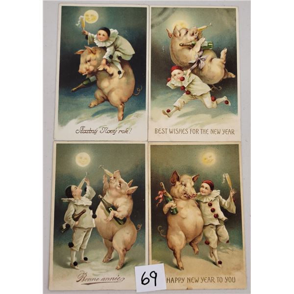 Group of 4 Children Drinking with Pigs New Year Holiday Postcards