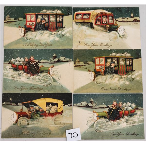 Set of 6 PFB New Year Children in Automobile Holiday Postcards