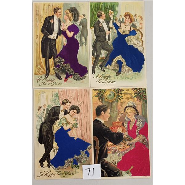 4 Romance Couple New Year Silk Dresses Holiday Postcards