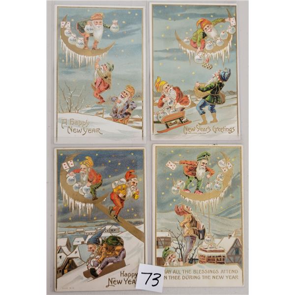 Group of 4 New Year Elves in the Snow & On Moon Postcards