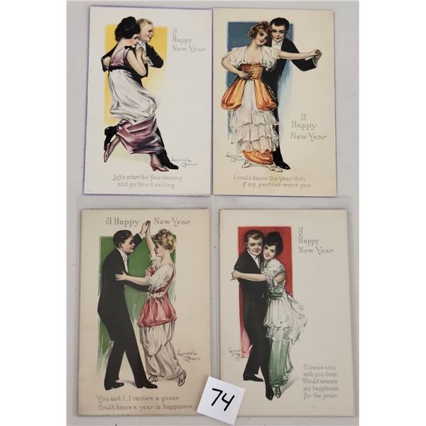 Set of 4 New Year Couple Dancing Signed Powell Holiday Postcards