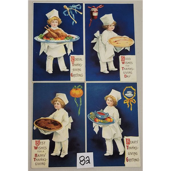 Group of 4 Thanksgiving Clapsaddle Children with Food Blue Background Postcard