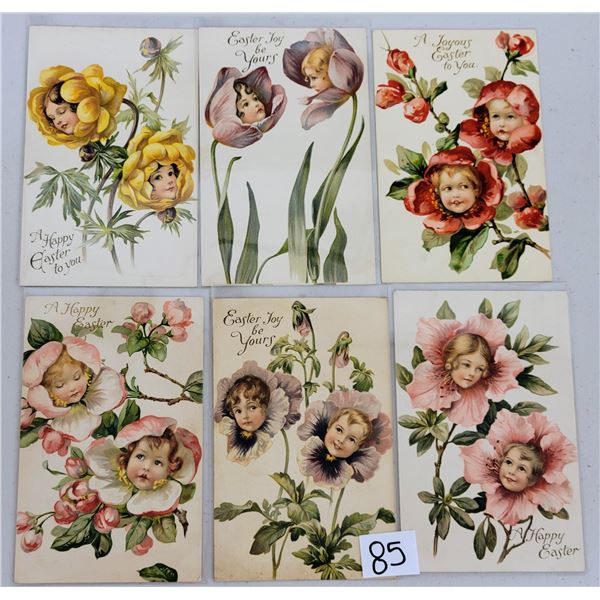 Group of 8 Easter Nister Flower Face Children Postcards