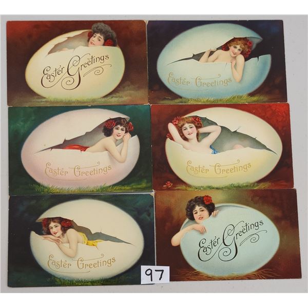 Group of 6 Ladies in Easter Egg Holiday Greeting Postcards