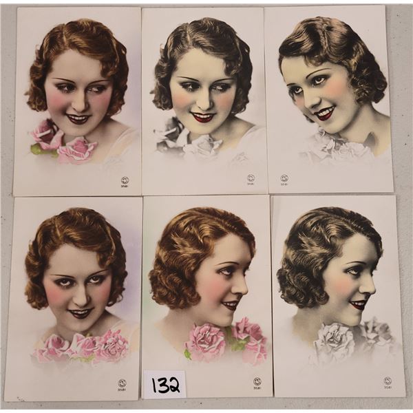 6 Tinted Photo Pretty Lady & Roses Postcards