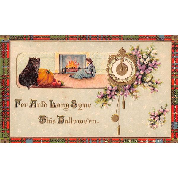 For Auld Lang Syne This Halloween Black Cat & Lady By Fire Postcard