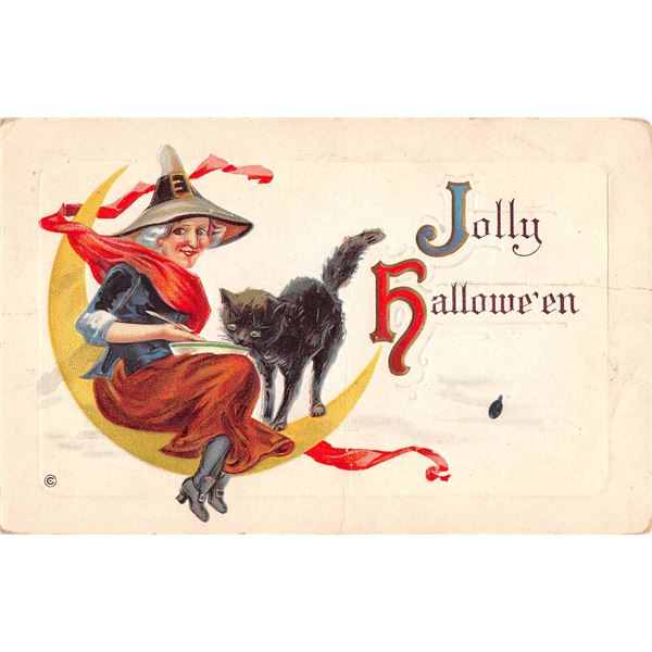 Jolly Halloween Witch On Moon With Black Cat Postcard