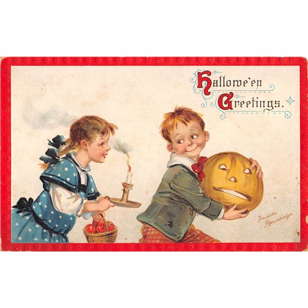 Halloween Greetings Boy & Girl Brundage Postcard