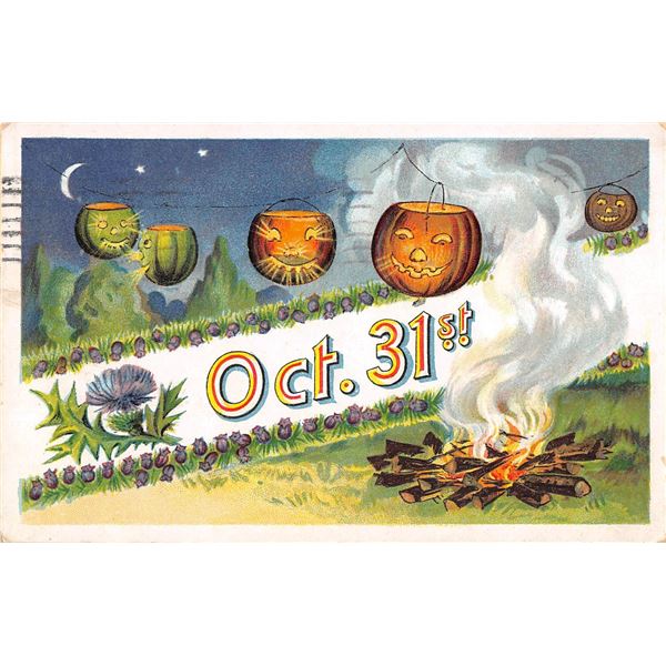 Oct. 31st Pumpkins & Fire Halloween Postcard
