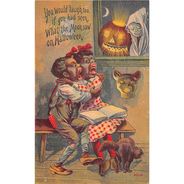 Black Americana Halloween Pumpkin & Ghost Through Window Postcard
