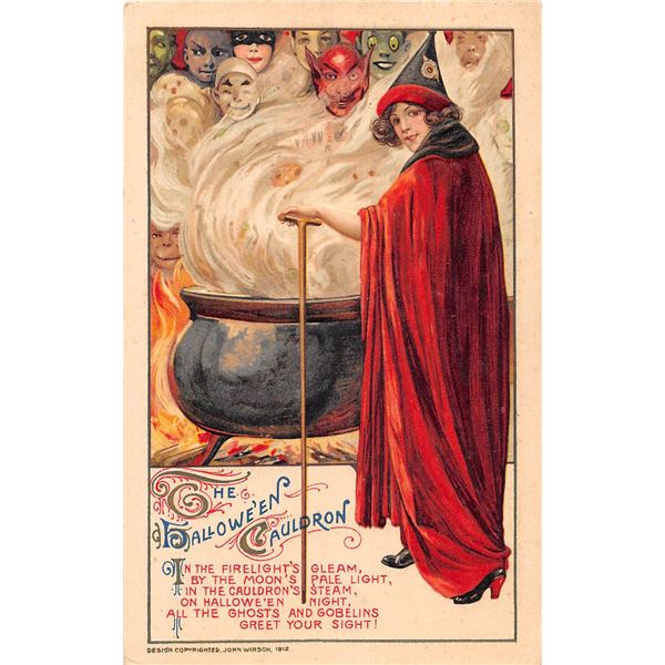 The Halloween Cauldron With In Red & Goblin Faces Winsch Postcard