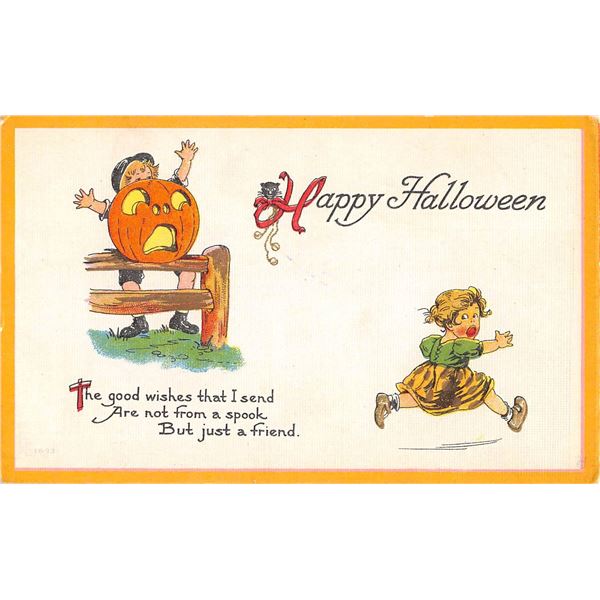 Bergman Happy Halloween Children with Girl Running From Boy & Pumpkin Postcard