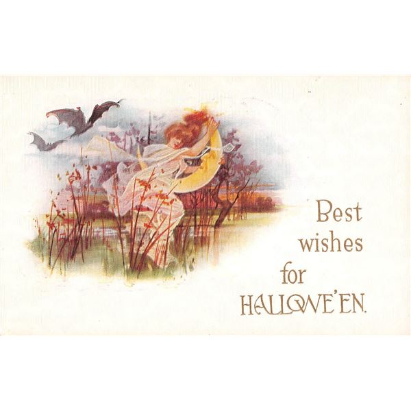 Gibson Best Wishes for Halloween Bats Chasing Woman & Moon Postcard