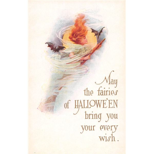 Gibson The Fairies of Halloween Witch on Broom & Bats Postcard
