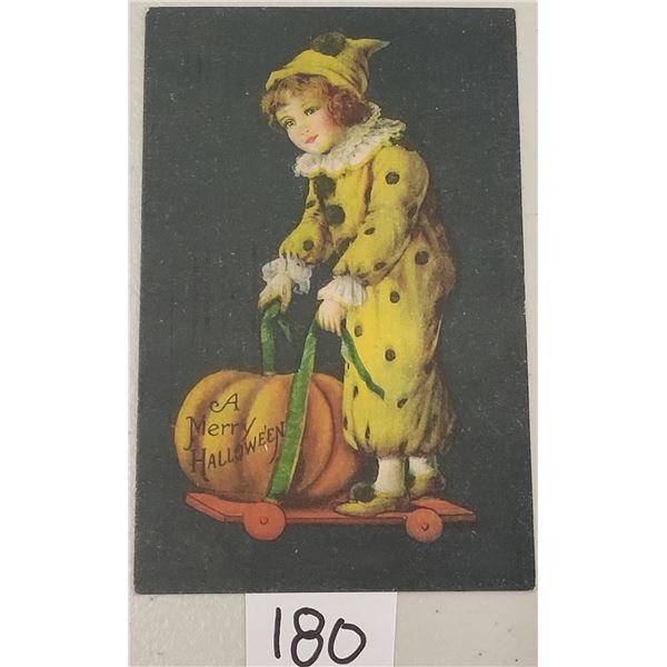Wolf Clapsaddle Child Dressed As Clown with A Merry Halloween Pumpkin Postcard