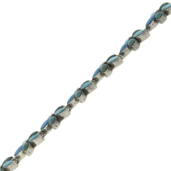 Vintage Silver Marquise Shape Natural Blue Turquoise Floral Link Chain Bracelet