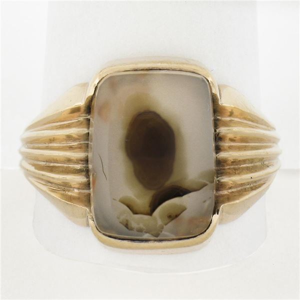 Antique Victorian 10k Gold Rectangular Channel Moss Agate Solitaire Grooved Ring