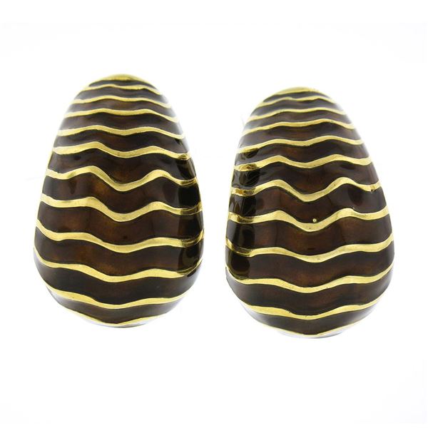 Vintage 18K Yellow Gold Chocolate Brown Enamel Wavy Domed Clip On Cuff Earrings
