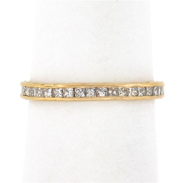 Vintage 18k Gold Channel Princess Diamond Hand Engraved Sides Eternity Band Ring