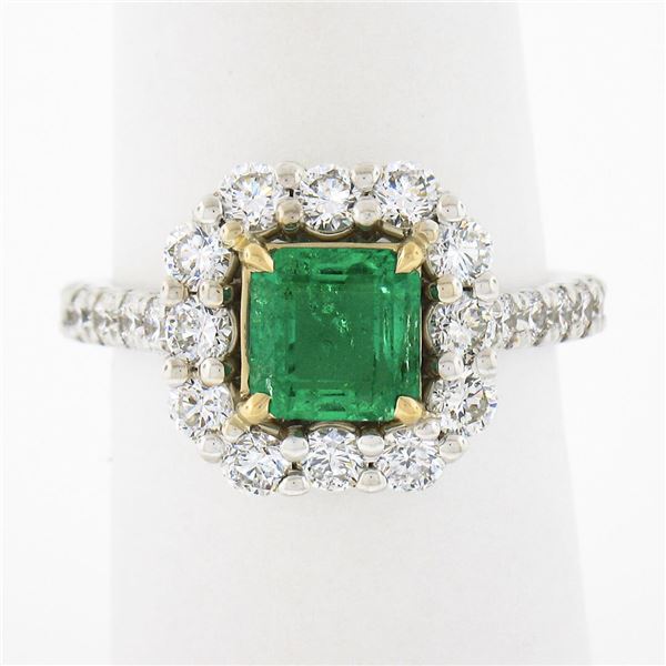 NEW 18k TT Gold 2.51 ctw GIA Colombia Green Emerald w/ Diamond Halo Cocktail Rin