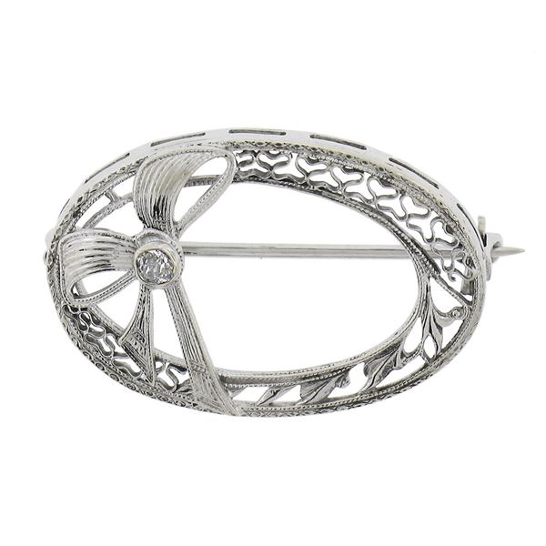 Antique Art Deco 14k White Gold Diamond Filigree Oval Wreath w/ Bow Brooch Pin