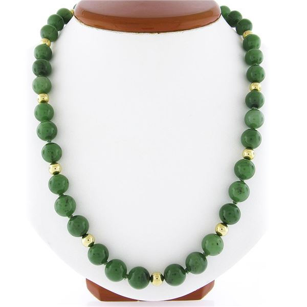 Vintage 29" Round Nephrite Jade Bead Strand Necklace w/ 14k Gold Balls & Clasp